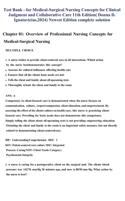 Test Bank for Medical-Surgical Nursing: Concepts for Clinical Judgment and Collaborative Care, 11th Edition by Ignatavicius